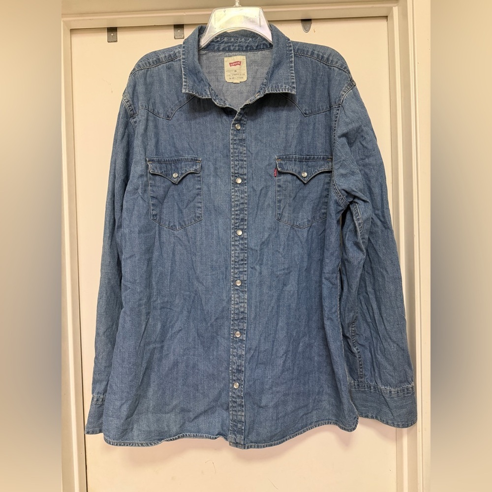 Levi's Barstow Men's XXL Denim Long Sleeve Western Shirt Blue Pearl Snap - Picture 2 of 8